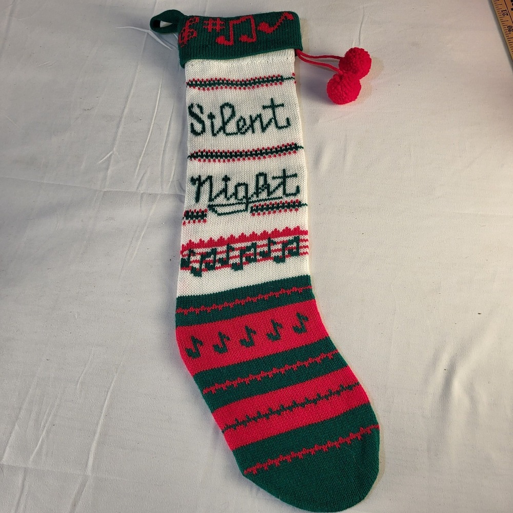 Vtg 22" Acrylic Knit Christmas Stocking Silent Night Pompom Taiwan